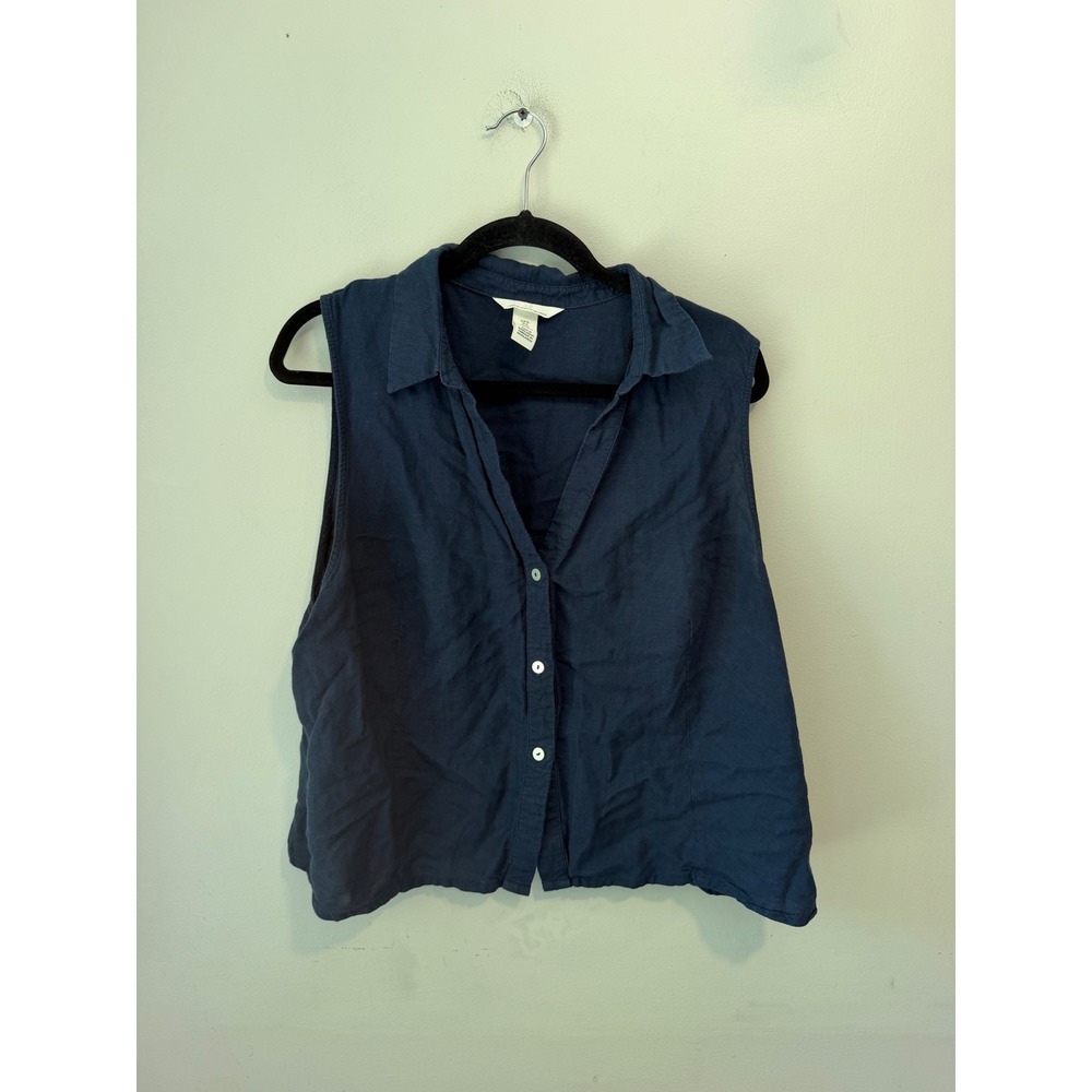 H&M Navy Blue Linen Blend Sleeveless Button Down Crop Shirt XL